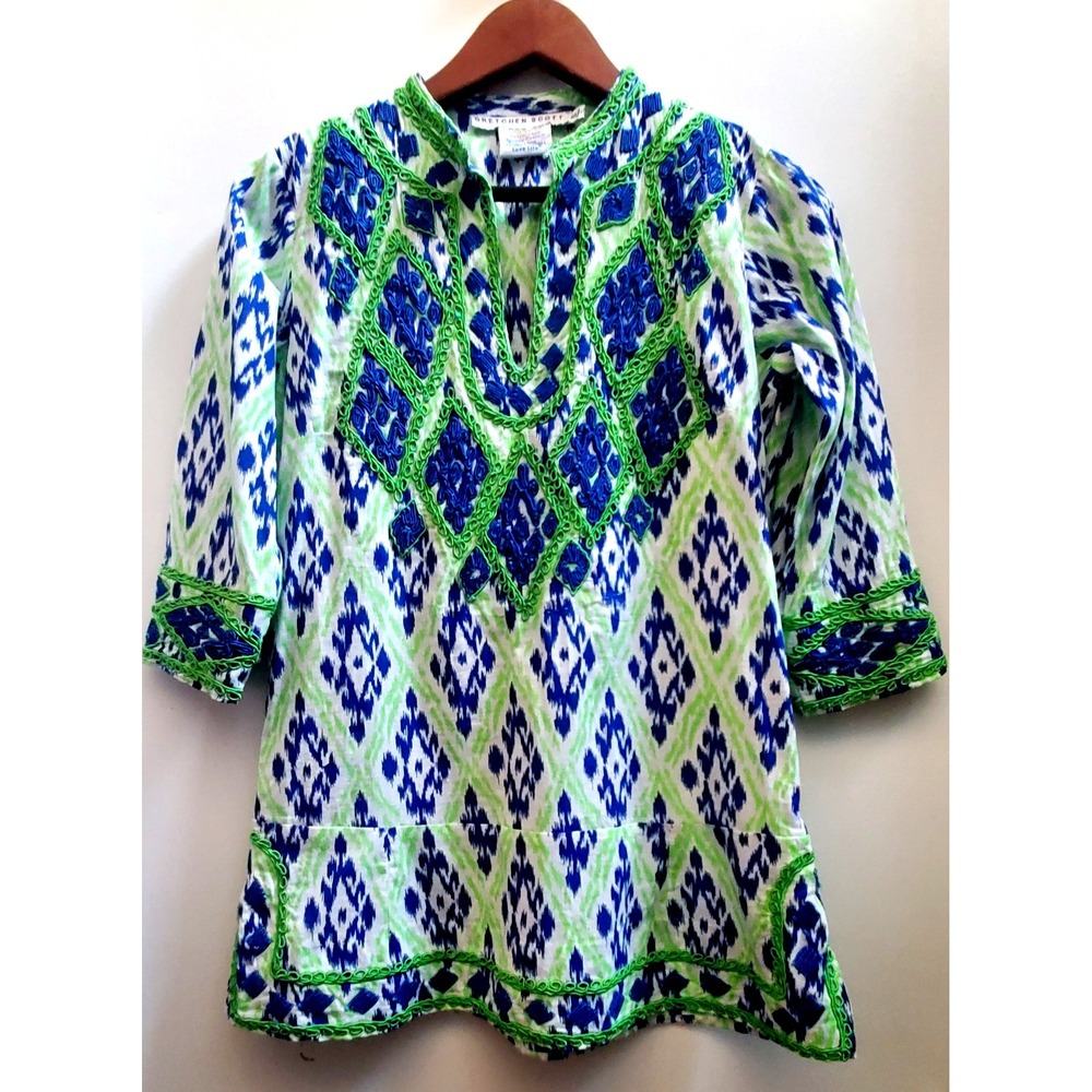Gretchen Scott Tunic Resort Vacay Top S Ikat Royal Blue/Lime Embroidery V-Neck